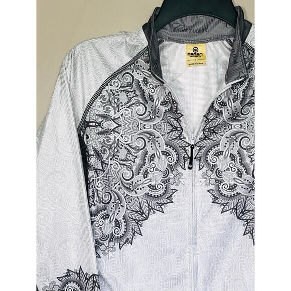 CANARI WOMENS FULL ZIP FITTED CYCLING WINDBREAKER JACKET GRAY WHITE PAISLEY SZ L - Picture 1 of 4